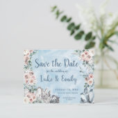Blauwe Bloemen & Kristallen Bruiloft Save the Date Briefkaart (Staand voorkant)