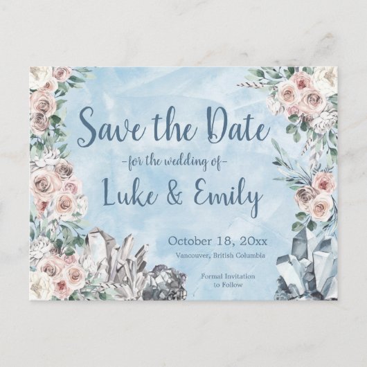 Blauwe Bloemen & Kristallen Bruiloft Save the Date Briefkaart (Voorkant)