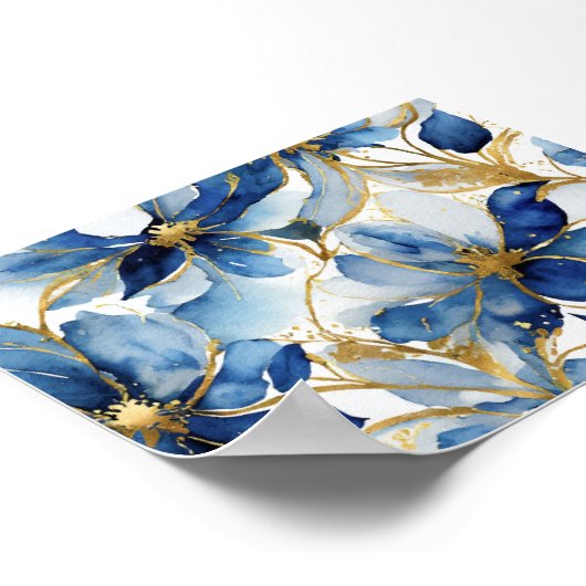 Blauwe Bloemen Kunstdruk met Gouden Accenten Poster (Hoek)