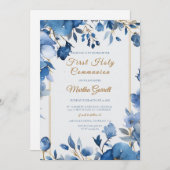 Blauwe bloemen Meisje Eerste Heilige Communie Kaart (Voorkant / Achterkant)