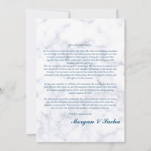 Blauwe bloemen met marmeren bruiloft aankondiging (Achterkant)