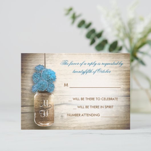 blauwe bloemen metselaar pot bruiloft RSVP kaarten (Staand voorkant)