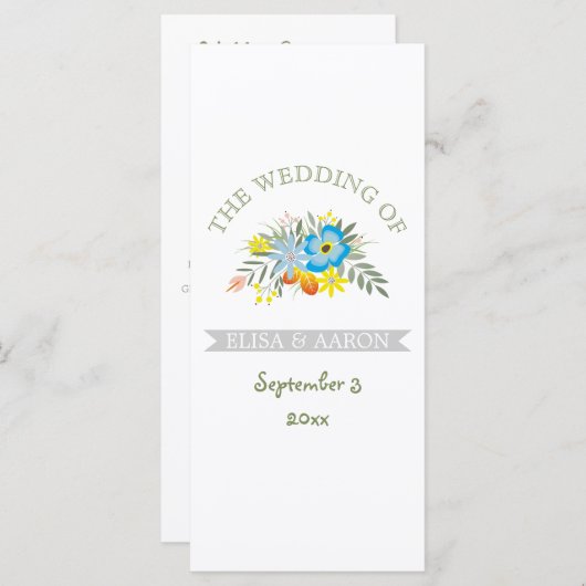 Blauwe bloemen modern bloemetjestrouwprogramma programma (Voorkant / Achterkant)