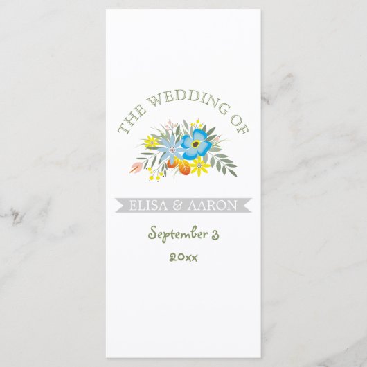 Blauwe bloemen modern bloemetjestrouwprogramma programma (Voorkant)