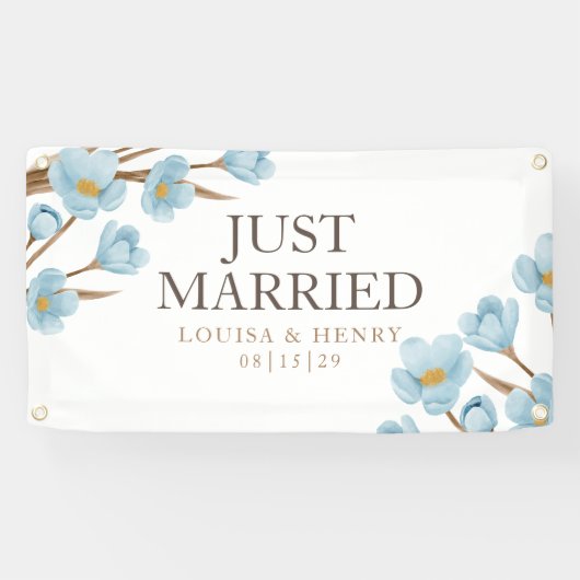 Blauwe bloemen net getrouwd auto banner (Horizontaal)