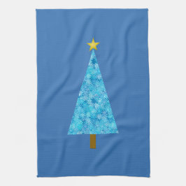 Blauwe bloemen op een moderne kerstboom theedoek