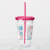  blauwe bloemen op roze achtergrond acryl drinkbeker (Rechts)