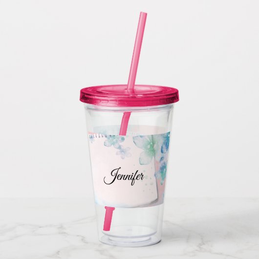  blauwe bloemen op roze achtergrond acryl drinkbeker (Achterkant)