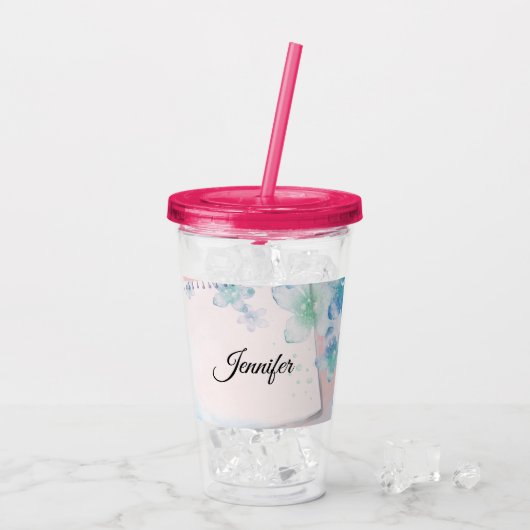  blauwe bloemen op roze achtergrond acryl drinkbeker (Achterkant ijs)