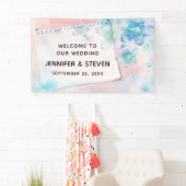  blauwe bloemen op roze achtergrond bruiloft spandoek (Insitu)