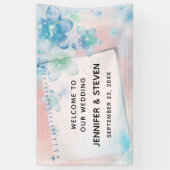  blauwe bloemen op roze achtergrond bruiloft spandoek (Verticaal)