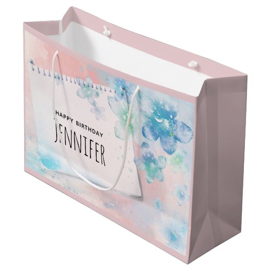 Blauwe Bloemen op Roze Achtergrond Dag Groot Cadeauzakje (Voorkant Gekanteld)