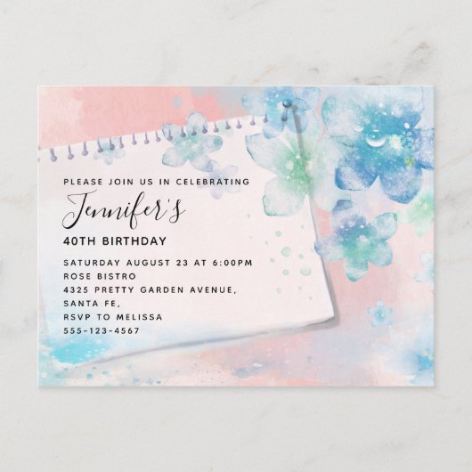 Blauwe Bloemen op Roze Achtergrond Dag Uitnodiging Briefkaart