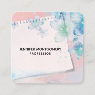 blauwe bloemen op roze achtergrond vierkante visitekaartje