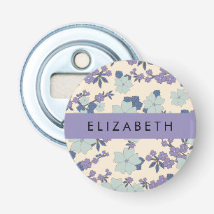 Blauwe bloemen, Paarse bloemen, Bloemen, Jouw naam Button Flesopener