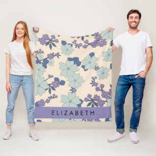 Blauwe bloemen, Paarse bloemen, Bloemen, Jouw naam Fleece Deken