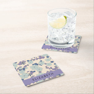Blauwe bloemen, Paarse bloemen, Bloemen, Jouw naam Vierkante Kartonnen Onderzetter