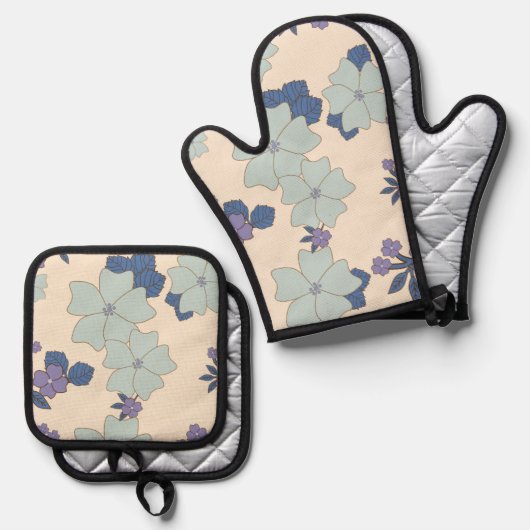 Blauwe bloemen, paarse bloemen, Floral Pattern Ovenwant & Pannenlap Set (Voorkant / Achterkant)