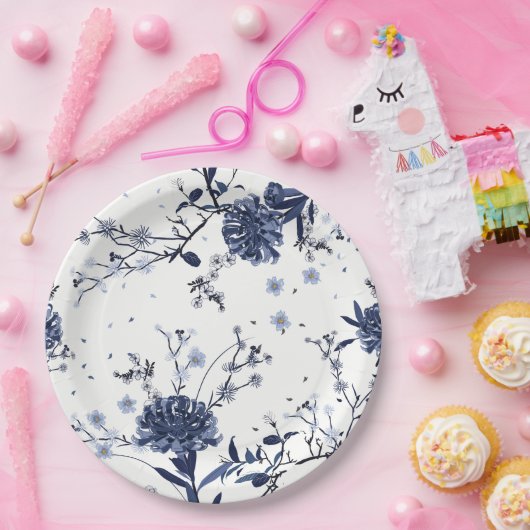 Blauwe bloemen papieren bordje (Feest)