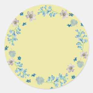 Blauwe Bloemen, pastelgele achtergrond, Ronde Sticker
