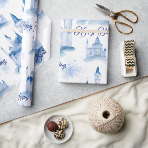 Blauwe Bloemen Prinses Meisje Verjaardagsfeestje Cadeaupapier
