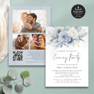 Blauwe Bloemen QR 3 Foto's Huwelijksavond Feest Kaart