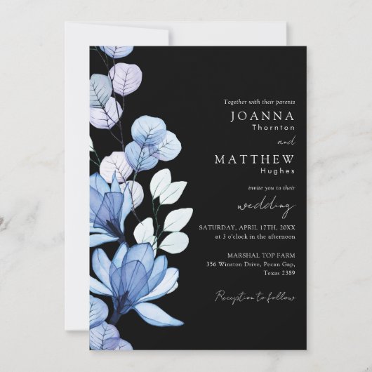 Blauwe Bloemen QR Code Zwart-Witte Trouwdag Kaart (Voorkant)