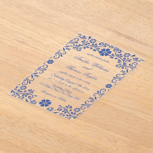 Blauwe Bloemen Romantische Huwelijksuitnodiging Acryl Uitnodigingen (Laagn)