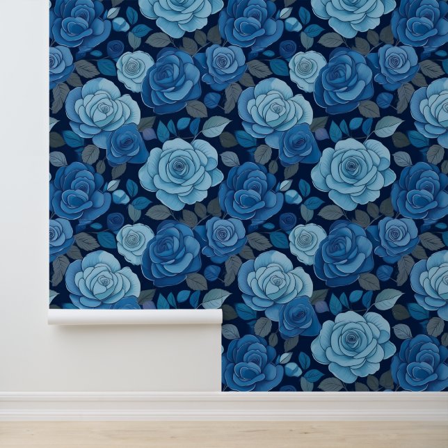 Blauwe bloemen Rozen Behang (Applicatie)