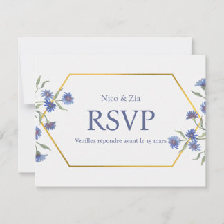 Blauwe Bloemen RSVP Kaart – Elegante Gouden Geomet