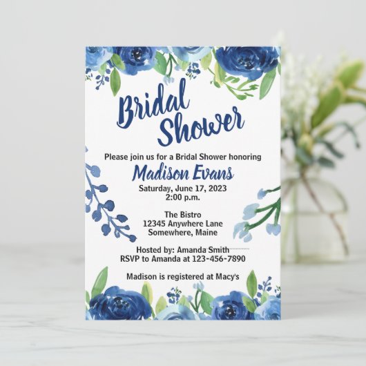 Blauwe Bloemen Rustieke Bruids Douche Uitnodiginge Kaart (Staand voorkant)