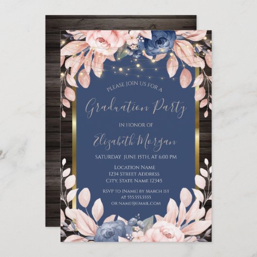 Blauwe bloemen, String lampjes, hout Kaart (Voorkant / Achterkant)