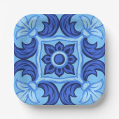 Blauwe Bloemen Tegel Patroon Mediterraan Papieren Bordje (Voorkant)