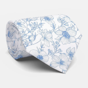 Blauwe bloemen toile de jouy halsdoek stropdas