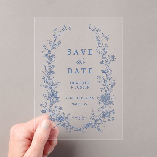 Blauwe bloemen Toile Save the date Acryl Uitnodigingen (Insitu (Draagbaar))
