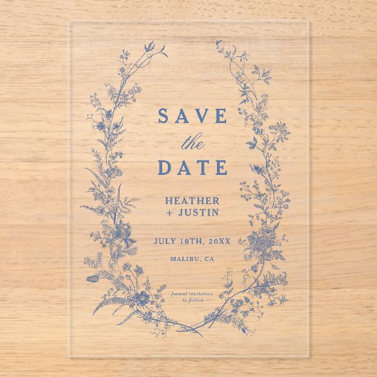Blauwe bloemen Toile Save the date Acryl Uitnodigingen (Voorkant)