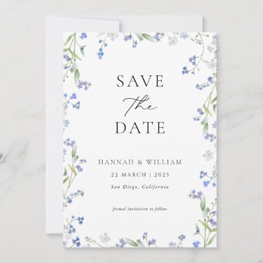 Blauwe Bloemen Trouwfoto Save the Date Kaart (Voorkant)