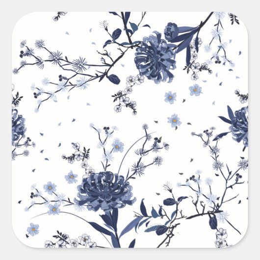 Blauwe bloemen vierkante sticker (Voorkant)