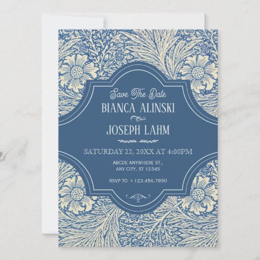 BLAUWE BLOEMEN VINTAGE TROUW SAVE THE DATE (Voorkant)