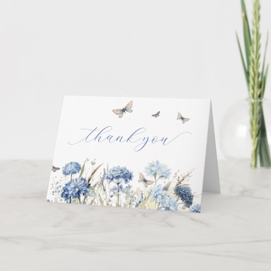 Blauwe bloemen & vlinders Calligraphy Bedankt (Voorkant)