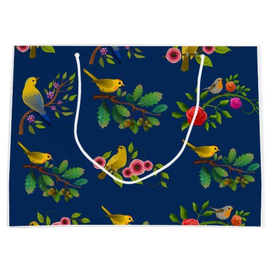Blauwe Bloemen Vogel Print Gift Bag Groot Cadeauzakje (Voorkant)