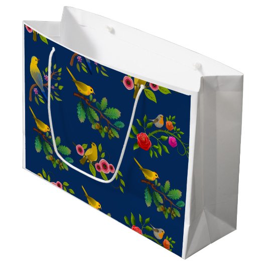Blauwe Bloemen Vogel Print Gift Bag Groot Cadeauzakje (Voorkant Gekanteld)