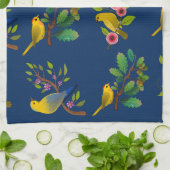 Blauwe bloemen vogel print theedoek (Gevouwen)