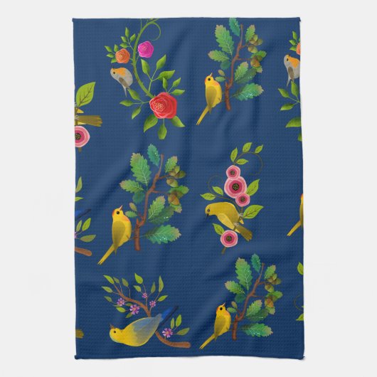 Blauwe bloemen vogel print theedoek (Verticaal)