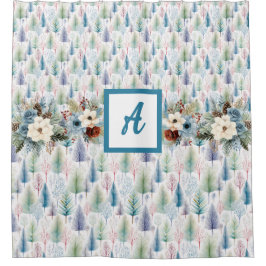 Blauwe Bloemen Winter Tree Forest Douchegordijn