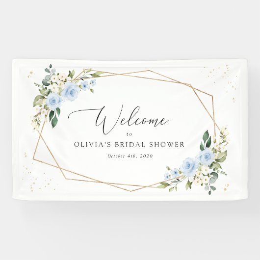 Blauwe bloemen, witte bloemen, boho, bruids welkom spandoek (Horizontaal)