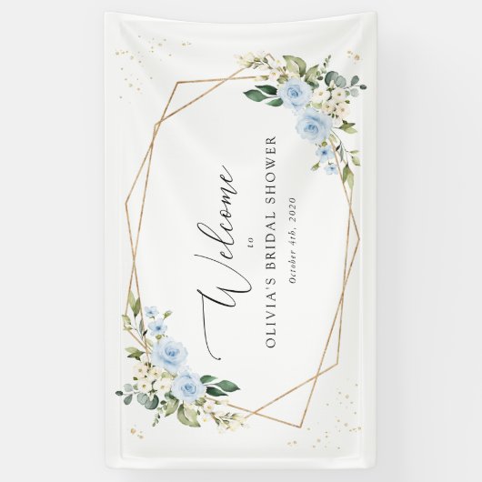 Blauwe bloemen, witte bloemen, boho, bruids welkom spandoek (Verticaal)