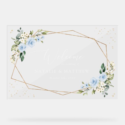 Blauwe bloemen, witte bloemen, boho, bruiloft welk acryl bord (Voorkant)