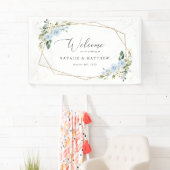 Blauwe bloemen, witte bloemen, boho, bruiloft welk spandoek (Insitu)