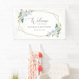 Blauwe bloemen, witte bloemen, boho, bruiloft welk spandoek